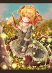  alternate_costume bad_id bad_pixiv_id black_legwear blonde_hair collarbone dress flower grass hair_flower hair_ornament hat highres holding letterboxed moriya_suwako pantyhose sitting smile solo toor_0111 touhou yellow_eyes 