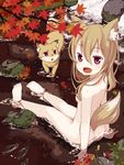  :d animal_ears arm_support autumn_leaves barefoot blush brown_hair fang fish fox fox_ears fox_tail highres leaf long_hair looking_back muku_(muku-coffee) nude open_mouth original partially_submerged red_eyes sitting skinny_dipping smile solo stone stream tail water wet 