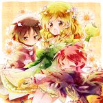  &gt;_&lt; :o amamiya_kabosu atelier_(series) atelier_ayesha ayesha_altugle bad_id bad_pixiv_id blonde_hair bow brown_eyes brown_hair closed_eyes coat floral_background hair_bun hat hug long_hair multiple_girls nio_altugle open_mouth pout red_hair ribbon short_hair skirt smile surprised wilbell_voll=erslied yellow_background 