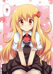  :o ? alternate_hairstyle bad_id bad_pixiv_id blonde_hair blush hair_ribbon long_hair red_eyes ribbon rumia shinekalta sitting solo speech_bubble touhou v_arms 