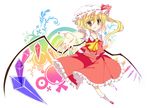  blonde_hair blush bow chamo flandre_scarlet hat jpeg_artifacts kneehighs orange_eyes ponytail short_hair skirt touhou wings 