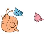  1girl 2boys agemono antenna antennae blue bow bowtie chasing female flying food fruit lowres male multiple_boys no_humans orange pink pixel_art pururun!_shizuku-chan shell shizuku_(pururun!_shizuku-chan) snail sprite sweat tsumurin_(pururun!_shizuku-chan) uruoi_(pururun!_shizuku-chan) wings 
