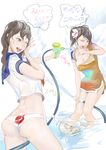  amatiz ass breasts brown_eyes brown_hair cleavage fighting fish grey_eyes hose japan long_hair making_of medium_breasts multiple_girls one_eye_closed original panties personification school_uniform serafuku taiwan translated underwear water_gun white_panties 