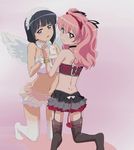  alternate_hairstyle angel_wings black_hair black_legwear blue_eyes blush breasts cleavage cover crop_top demon_tail dimples_of_venus dvd_cover fujii_masahiro garter_straps headdress holding_hands horns kneeling long_hair looking_back louise_francoise_le_blanc_de_la_valliere medium_breasts midriff multiple_girls nail_polish navel non-web_source official_art pink_eyes pink_hair short_hair siesta skirt tail thighhighs twintails white_legwear wings zero_no_tsukaima 