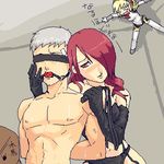  aegis_(persona) artist_request ball_gag bdsm blindfold blonde_hair blue_eyes blush bondage bound dominatrix femdom gag gagged hair_over_one_eye kirijou_mitsuru lowres oekaki persona persona_3 red_hair sanada_akihiko whip 