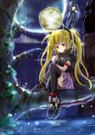  bardiche blonde_hair cape fate_testarossa hair_ribbon highres light_smile long_hair lyrical_nanoha mahou_shoujo_lyrical_nanoha moon no_nose red_eyes ribbon rikkunia skirt solo thighhighs tree twintails water 