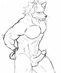  anthro balls biceps blush canine erection fur leaking male mammal muscles nude pecs penis pose precum solo standing unknown_artist wolf 