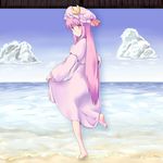  barefoot beach blue_sky capelet cloud coo crescent day dress dress_lift full_body hat highres long_hair long_sleeves looking_back ocean outdoors patchouli_knowledge purple_dress purple_eyes purple_hair skirt_hold sky smile solo standing standing_on_one_leg touhou very_long_hair wading 