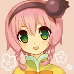  1girl alfa_system braid capelet flower green_eyes hairband lowres open_mouth pasca_kanonno pink_background pink_hair ribbon tales_of_(series) tales_of_the_world_radiant_mythology 