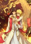  apple blonde_hair bracelet brown_eyes brown_hair cross cross_necklace fate/zero fate_(series) fire food fruit gilgamesh highres jewelry kotomine_kirei linjie male_focus multiple_boys necklace priest red_eyes robe smile snake stole tree 