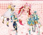  4boys 4girls alfa_system boots breasts capelet coat earrings elbow_gloves eyes_closed gloves green_eyes hairband hat jewelry kanonno_earhart kanonno_grassvalley multiple_boys multiple_girls pants pantyhose pasca_kanonno pink_hair ribbon shoes side_ponytail tales_of_(series) tales_of_the_world_radiant_mythology tales_of_the_world_radiant_mythology_2 tales_of_the_world_radiant_mythology_3 thighhighs 