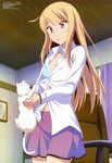  absurdres assisted_exposure blonde_hair blue_bra bra breasts brown_eyes cat cleavage dress_shirt fujii_masahiro highres long_hair megami official_art sakura-sou_no_pet_na_kanojo scan school_uniform shiina_mashiro shirt skirt small_breasts underwear undressing white_cat 