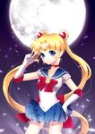  back_bow bishoujo_senshi_sailor_moon blonde_hair blue_eyes blue_sailor_collar blue_skirt bow brooch choker double_bun earrings elbow_gloves full_moon gloves hair_ornament jewelry long_hair magical_girl moon pleated_skirt red_bow red_choker saban sailor_collar sailor_moon sailor_senshi_uniform skirt solo tiara tsukino_usagi twintails v white_gloves 