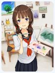  96tuki :d art_brush bad_id bad_pixiv_id bangs blue_eyes blush brown_hair chair collarbone easel eyebrows_visible_through_hair holding indoors long_hair looking_at_viewer open_mouth original paint_can paintbrush painting painting_(object) palette school_uniform serafuku short_sleeves skirt smile solo twintails 