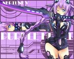  bangs black_legwear blue_eyes border braid breasts character_name cleavage cleavage_cutout contrapposto copyright_name cowboy_shot gloves grin hair_ornament hand_on_hip hips holding holding_weapon huge_weapon ichigomiruku leotard long_hair looking_at_viewer magical_girl medium_breasts multiple_views neon_trim neptune_(series) one_eye_closed power_symbol purple_background purple_hair purple_heart shadow smile standing sword symbol-shaped_pupils thighhighs turtleneck twin_braids vambraces very_long_hair weapon 