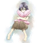  barefoot black_hair blush capri_pants full_body green_eyes inaba_himeko kokoro_connect light_smile monaral-jiro pants pillow pillow_hug short_hair simple_background solo 