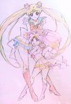  back_bow bishoujo_senshi_sailor_moon blue_sailor_collar boots bow chibi_usa choker colored_pencil_(medium) don_bee full_body heart heart_choker knee_boots long_hair looking_back multicolored multicolored_clothes multicolored_skirt multiple_girls pink_footwear red_bow sailor_chibi_moon sailor_collar sailor_moon sailor_senshi_uniform skirt smile super_sailor_chibi_moon super_sailor_moon traditional_media tsukino_usagi twintails very_long_hair 