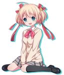  ahoge bad_id bad_pixiv_id blonde_hair blue_eyes bow hair_ribbon i-ron kamikita_komari little_busters! pink_bow plaid plaid_skirt ribbon school_uniform short_hair sitting skirt solo twintails wariza 