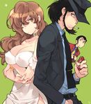  2boys annoyed arsene_lupin_iii back-to-back beard black_eyes black_hair bracelet breasts brown_eyes brown_hair choker cigarette cigarette_box cleavage covered_nipples dress facial_hair fingernails fingers formal green_background hand_in_pocket hat jacket jewelry jigen_daisuke large_breasts long_fingernails long_hair lupin_iii mine_fujiko multiple_boys necktie orange_eyes red_jacket short_hair side_slit sideburns simple_background star strapless strapless_dress suit sweatdrop toujou_sakana white_dress yellow_neckwear 