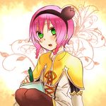  1girl alfa_system braid capelet dress green_eyes hairband open_mouth pantyhose pasca_kanonno pink_hair ribbon short_hair tales_of_(series) tales_of_the_world_radiant_mythology 