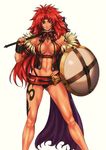  abs armlet armor belt beltskirt bikini_armor bracelet breasts center_opening cleavage eiwa fur_trim headband highleg highleg_panties highres jewelry large_breasts legs long_hair long_legs mace midriff navel non-web_source panties queen's_blade red_eyes red_hair risty shield solo tan tattoo thick_thighs thighs toned underwear very_long_hair weapon 
