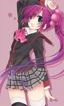  blue_eyes bow funiru little_busters! long_hair pink_bow plaid plaid_skirt purple_hair saigusa_haruka school_uniform side_ponytail skirt striped striped_legwear thighhighs 