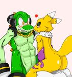  abs anime anthro blue_eyes blush breasts butt canine crocodile crossover cute digimon duo eye_contact facial_markings female fox green_body kneeling male mammal markings nude plain_background renamon reptile scalie sega side_boob sitting smile sonic_(series) spread_legs spreading sssonic2 vector_the_crocodile white_background yellow_body yellow_eyes 