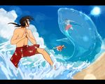  akatsuki_(naruto) bad_id bad_pixiv_id battle beach black_hair blue_sky cloud dango day food highres hoshigaki_kisame letterboxed mackerel_(sabanoneko) male_focus multiple_boys naruto naruto_(series) naruto_shippuuden outdoors pain_(naruto) ponytail shark sky sun uchiha_itachi wagashi water waves 