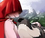  anthro big_bad_wolf canine cloak duo eyes_closed fangs fur hood lagomorph lil&#039;_red little_red_riding_hood male mammal outside pink_fur rabbit shiuk torn wolf 