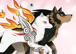  &#332;kami ?kami amaterasu ambiguous_gender blush canine crossover cute deity eyes_closed female feral fire green_eyes link link_(wolf_form) male mammal smile sssonic2 the_legend_of_zelda video_games wolf 