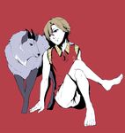  animal bad_id bad_pixiv_id barefoot brown_hair character_request crossed_legs male_focus red_background serow shiro_(reptil) simple_background sitting solo tennis_no_ouji-sama 