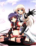  bare_shoulders blonde_hair blue_eyes blush brown_hair bug butterfly elbow_gloves fingerless_gloves gloves insect isis_eaglet light_smile lily_strosek long_hair lyrical_nanoha mahou_senki_lyrical_nanoha_force midriff multiple_girls navel open_mouth outstretched_hand perfume_grab puffy_sleeves purple_hair sakazaki_akira shoes shorts side_ponytail skirt sleeveless smile uniform yellow_eyes 