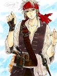  bad_id bad_pixiv_id bandana belt cosplay gintama grey_hair hashimoto_(sunehari0109) headband jack_sparrow jack_sparrow_(cosplay) jewelry male_focus pirate pirates_of_the_caribbean red_eyes sakata_gintoki silver_hair single_earring solo vest 