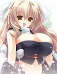  :d aoi_kimi breasts brown_eyes brown_hair cleavage crop_top flower kannon_ouji kyoukaisenjou_no_horizon large_breasts long_hair navel open_mouth smile solo 