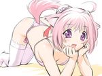  ahoge all_fours animal_ears arm_support bra breasts cleavage dog_days dog_ears dog_girl dog_tail long_hair looking_at_viewer medium_breasts millhiore_f_biscotti open_mouth pink_bra pink_hair pink_legwear purple_eyes solo tail tail_raised thighhighs ueyama_michirou underwear 