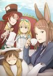  2girls alice_(wonderland) alice_in_wonderland animal_ears apron blonde_hair blue_eyes bow brown_eyes brown_hair bunny_ears chair character_request cup dormouse genderswap genderswap_(mtf) hairband hat holding in_container kettle kotera_(koterabyte) long_hair mad_hatter march_hare multiple_boys multiple_girls necktie one_eye_closed pouring red_eyes sitting teacup top_hat 