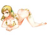  all_fours ass bad_id bad_pixiv_id barefoot bikini blonde_hair blush breasts brown_eyes butt_crack cleavage drill_hair full_body large_breasts long_hair looking_at_viewer mahou_shoujo_madoka_magica side-tie_bikini simple_background smile solo striped striped_bikini swimsuit tomoe_mami torigoe_takumi twin_drills twintails white_background yellow_eyes 