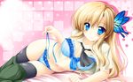  arm_support black_legwear blonde_hair blue_bra blue_eyes blue_panties blush boku_wa_tomodachi_ga_sukunai bra breasts butterfly_hair_ornament hair_ornament highres kamiya_tomoe kashiwazaki_sena long_hair looking_at_viewer lying medium_breasts navel on_side open_clothes open_shirt panties shiny shiny_skin shirt side-tie_panties smile solo thighhighs underwear untied 