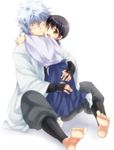  bad_id bad_pixiv_id barefoot black_hair bloom blush brown_eyes cheek_press child gintama hug japanese_clothes male_focus maruki_(punchiki) multiple_boys red_hair sakata_gintoki shimura_shinpachi silver_hair teenage younger 