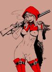  bracelet breasts cigar death gun highres jewelry little_red_riding_hood little_red_riding_hood_(grimm) medium_breasts monochrome mouth_hold navel nipples nude po-ju pubic_hair red_eyes signature simple_background smoking solo spot_color thighhighs weapon wolf 