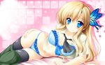  black_legwear blonde_hair blue_bra blue_eyes blue_panties blush boku_wa_tomodachi_ga_sukunai bra breasts butterfly_hair_ornament hair_ornament highres kamiya_tomoe kashiwazaki_sena long_hair looking_at_viewer lying medium_breasts navel on_side panties smile solo thighhighs underwear 