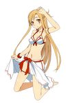  adapted_costume arm_ribbon arm_up asuna_(sao) bare_legs bare_shoulders barefoot bikini breasts brown_eyes brown_hair bunbun cleavage full_body highres kneeling long_hair long_legs medium_breasts navel render ribbon sarong sarong_lift smile solo swimsuit sword_art_online thigh_ribbon transparent_background very_long_hair white_bikini white_sarong 