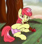  apple apple_bloom_(mlp) cradeelcin cub equine female feral friendship_is_magic fruit hair horse kevinsano looking_at_viewer mammal my_little_pony outside panties pony red_hair solo striped_panties tree underwear wood young 