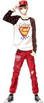  alternate_costume bad_id bad_pixiv_id brown_hair clothes_writing feiqiuxuan gintama hat highres male_focus okita_sougo pants red_eyes shoes sneakers solo superman torn_clothes torn_pants 