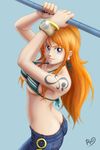  1girl bikini_top blue_eyes bracelet butt_crack cyan_background female highres jewelry log_pose logpose long_hair looking_at_viewer nami nami_(one_piece) one_piece orange_hair pole polearm ryos-room-eden simple_background solo tattoo weapon 