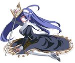 ahoge arm_support arm_up armor armored_dress bad_id bad_pixiv_id bangs blue_eyes blue_hair breasts dress floating_hair full_body hairband high_heels holding huge_ahoge large_breasts leaning_forward long_hair looking_at_viewer looking_back orie_(under_night_in-birth) pantyhose profile rapier reverse_grip shoes simple_background sitting sketch solo suzumebati3 sword turtleneck under_night_in-birth very_long_hair wariza weapon white_background white_legwear 