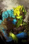  blue_fur centradragon couple fur green_eyes green_fur hug male mohawk spots stripes topless 