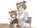  :d ;d ariel_(kagemusha) black_shirt blush breasts brown_hair camilla_(kagemusha) child collarbone commentary_request covered_nipples crying crying_with_eyes_open cup curry curry_rice demon_girl demon_wings dress_shirt drinking_glass eating erect_nipples eyebrows_visible_through_hair fang food food_on_face happy_tears head_wings highres kagemusha large_breasts looking_at_viewer mole mole_under_eye mother_and_daughter multiple_girls naked_shirt no_bra off_shoulder one_eye_closed open_clothes open_mouth open_shirt original oversized_clothes oversized_shirt purple_eyes rice runny_nose shirt short_hair simple_background sitting smile spoon succubus t-shirt tears white_background white_shirt wings wiping_tears 