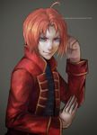  blue_eyes braid evil_grin evil_smile felice fighting_stance gintama grey_background grin jacket kamui_(gintama) long_hair male_focus realistic red_hair red_jacket signature single_braid smile solo 