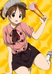  :d blush brown_eyes brown_hair doughnut food hair_ribbon hat heart hirasawa_ui holding k-on! looking_at_viewer mister_donut official_style open_mouth ponytail ragho_no_erika ribbon round_teeth short_hair skirt smile solo teeth tongs 